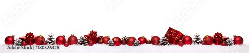 Red christmas balls with xmas present gift boxes in a row isolated on snow, Christmas banner