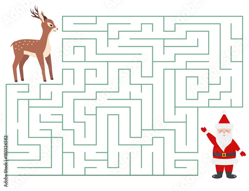 Christmas maze game for kids. Cartoon characters. Help deer find Santa Claus. Vector illustration.