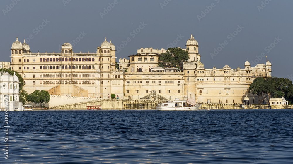 Panoramic view of City Palace in the evening light, Udaipur, Rajasthan, India