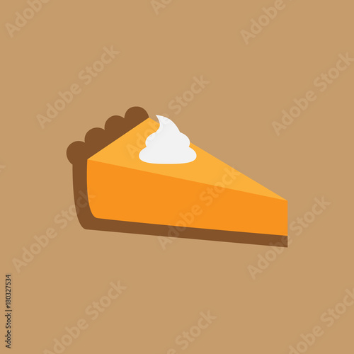 Pumpkin pie vector illustration. One slice of thanksgiving pie with crust, cream filling and whipped cream on top. Graphic icon or print, isolated on light brown background.