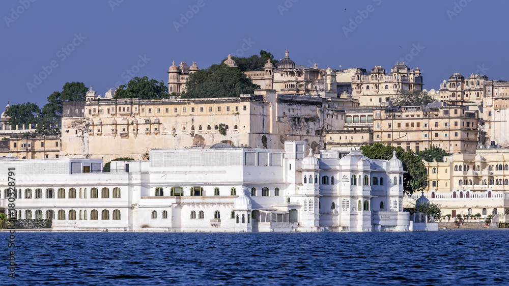 Panoramic view of Udaipur's city center from Lake Pichola, Rajasthan, India