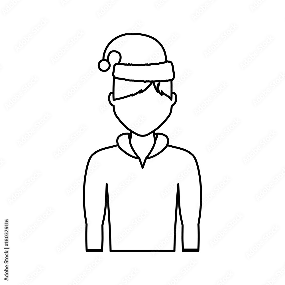 flat line uncolored  man  with santa hat over white background vector illustration