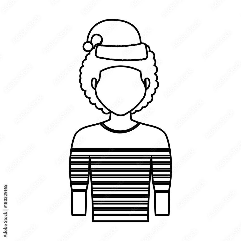 flat line uncolord woman with santa hat over white background vector illustration flat line uncolord woman with santa hat over white background vector illustration