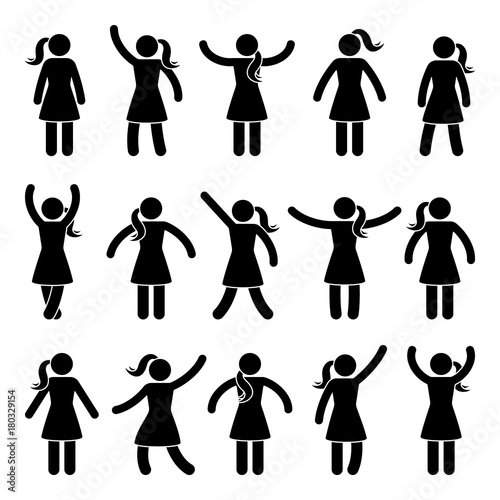 Stick figure standing position. Posing woman person icon posture symbol sign pictogram on white