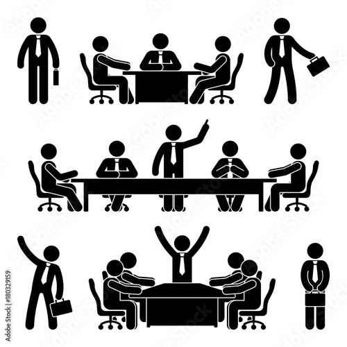 Stick figure business meeting set. Finance chart person pictogram icon. Employee solution marketing discussion