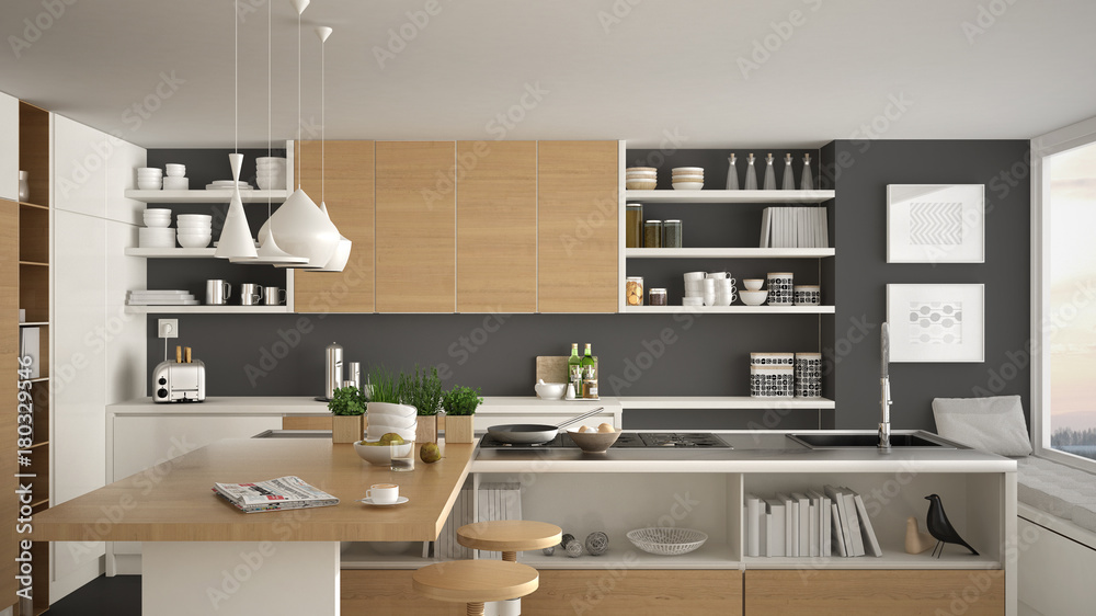 Modern wooden kitchen with wooden details, close up, island and gas stove with cooking pan, white and gray minimalistic interior design Modern wooden kitchen with wooden details, close up, island and gas stove with cooking pan, white and gray minimalistic interior design