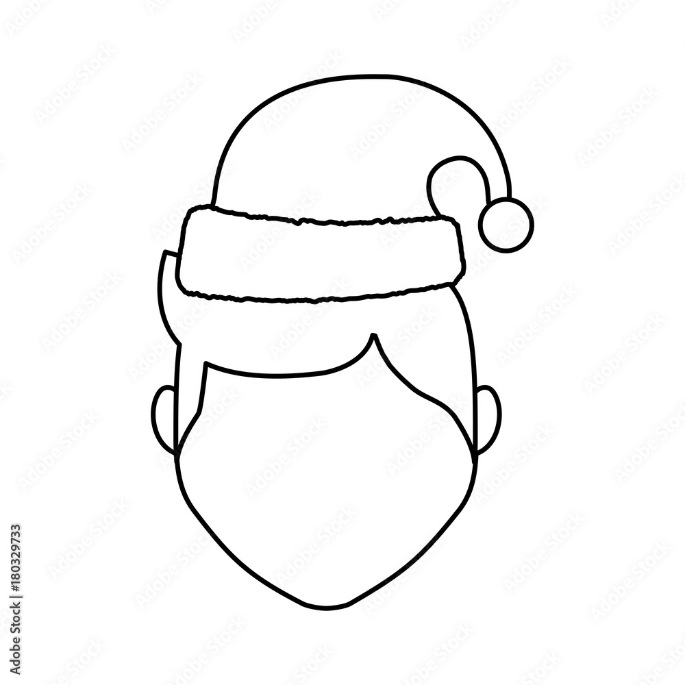 flat line uncolored man face with santa hat  over white  background  vector illustration