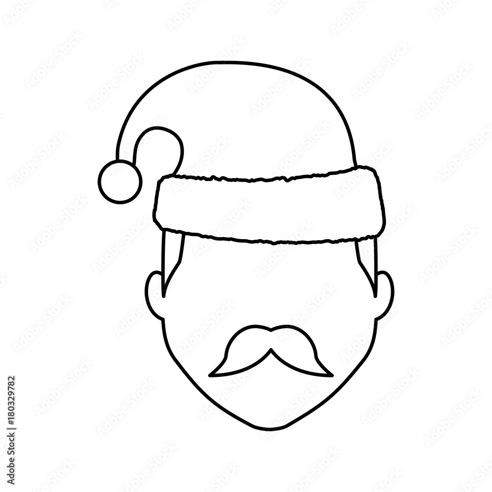 flat line uncolored man face with santa hat over white background vector illustration flat line uncolored man face with santa hat over white background vector illustration