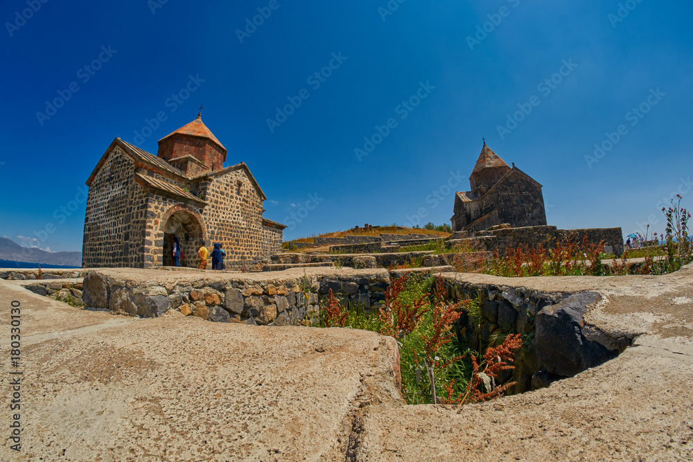 SEVANAVANK MONASTERY, ARMENIA - 02 AUGUST 2017: Famous Sevanavank Monastery Landmark on Lake Sevan in Armenia