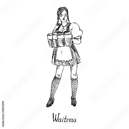 Waitress at work, holding glasses with beer , hand drawn doodle, sketch in pop art style, black and white vector illustration