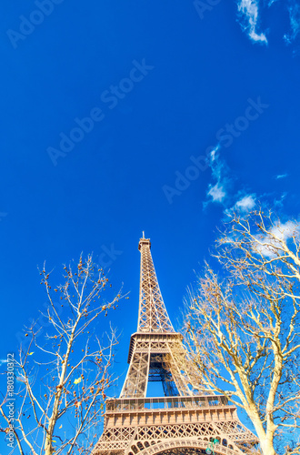 Fototapeta Naklejka Na Ścianę i Meble -  Upward view of Eiffel Tower on a beautiful sunny winter day - Paris - France