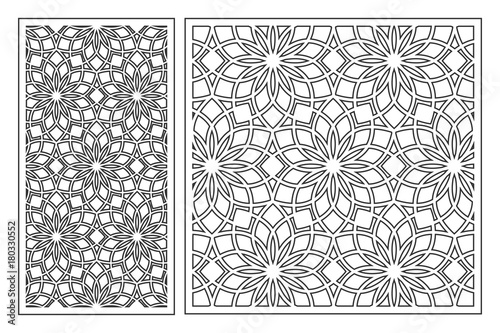 Set of cards to cut. Vector panels for laser cutting. The ratio 1:1, 1:2. Cut silhouette with geometric patterns. 
