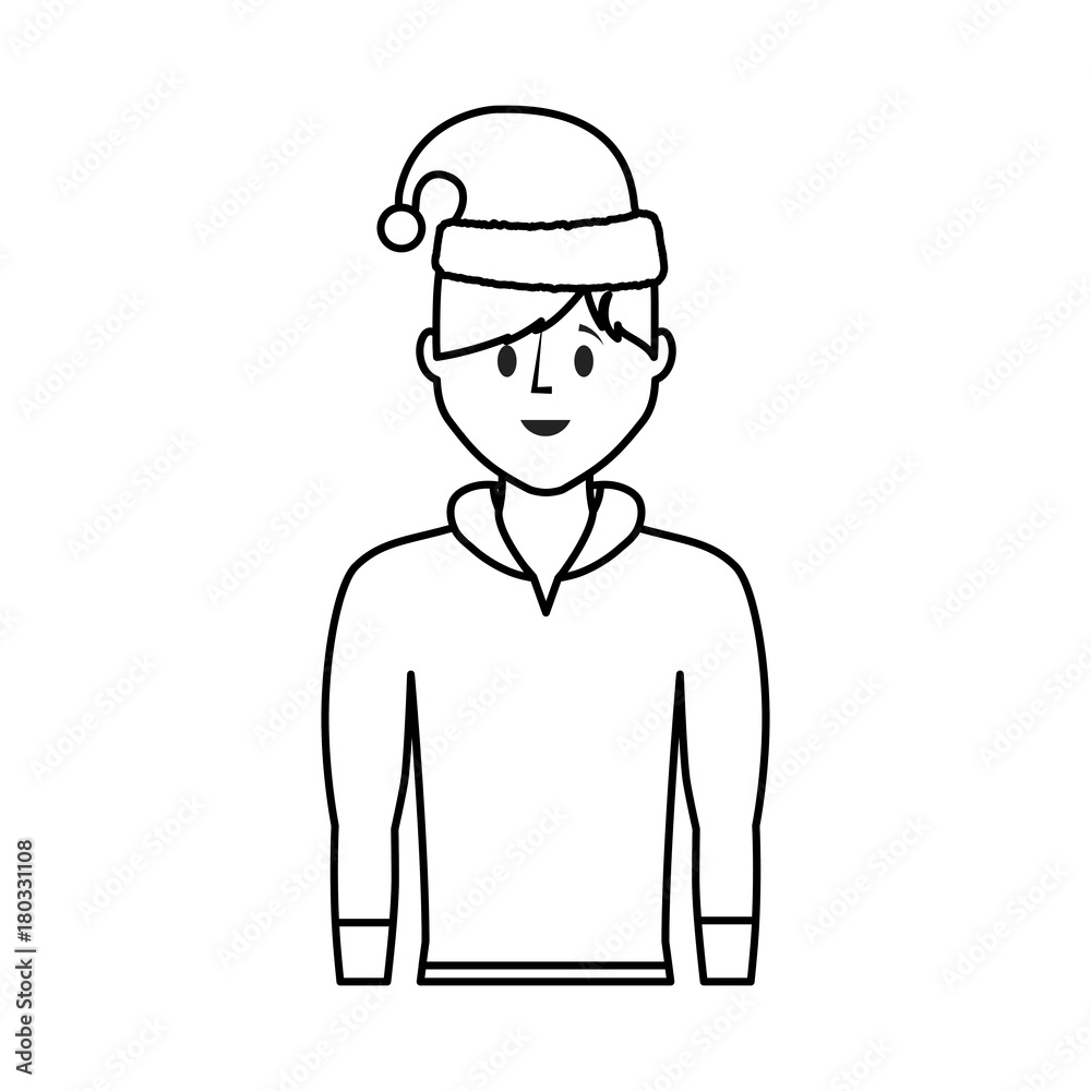 flat line uncolored  man  with santa hat over white background vector illustration