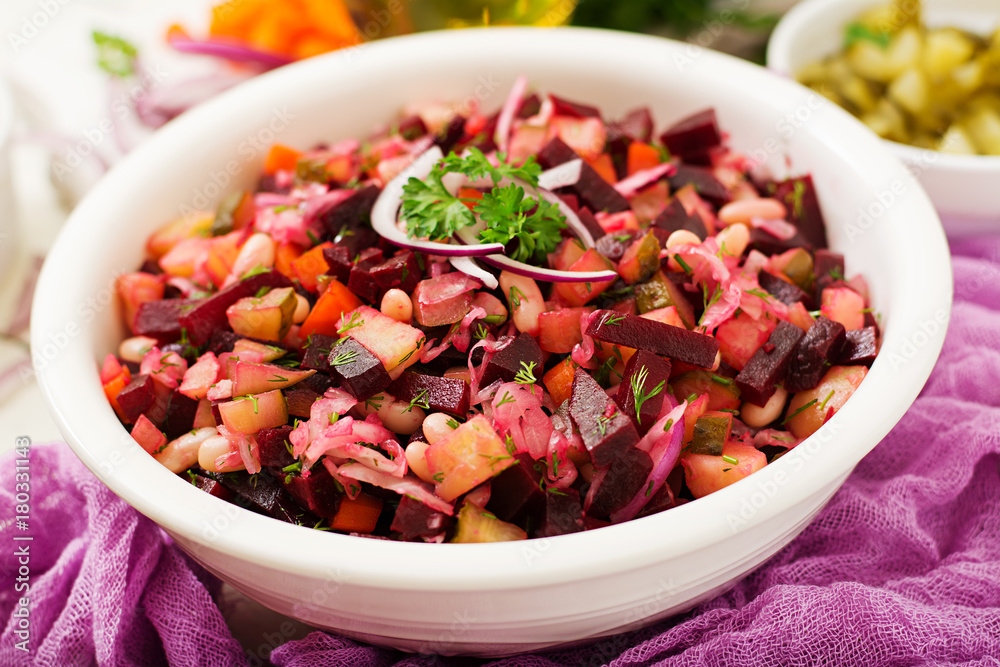 Beet salad Vinaigrette in a white bowl. Beet salad Vinaigrette in a white bowl.