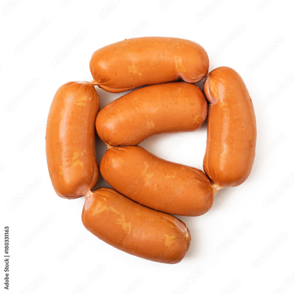Pile of sausages isolated on a white background. Flat lay. Top view Pile of sausages isolated on a white background. Flat lay. Top view