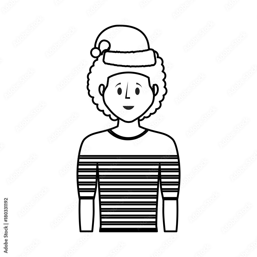 flat line uncolored woman with santa hat over white background vector illustration flat line uncolored woman with santa hat over white background vector illustration