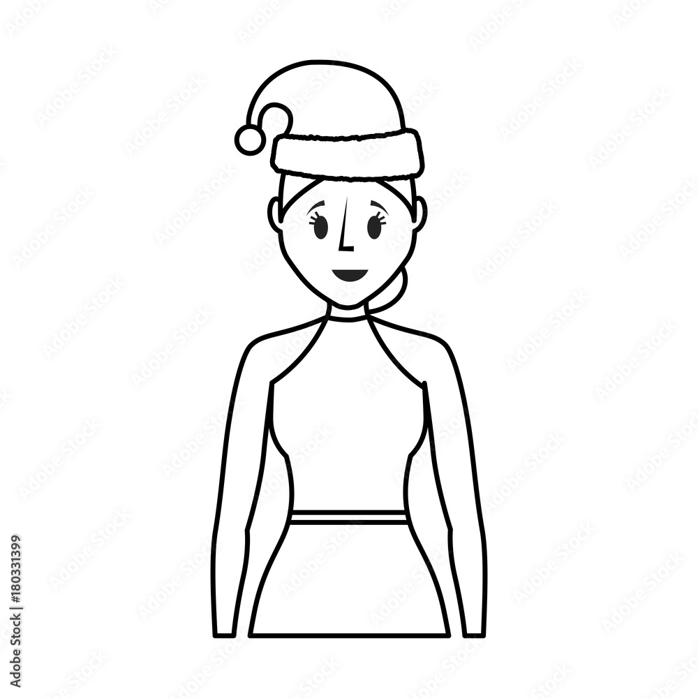flat line uncolored woman with santa hat over white background vector illustration flat line uncolored woman with santa hat over white background vector illustration