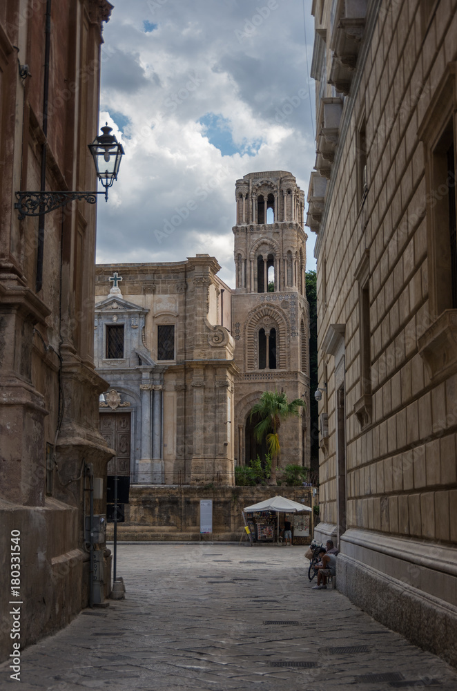 View to belltower of church Martorana (Santa Maria dell'Ammiraglio)  , Palermo. Sicily.