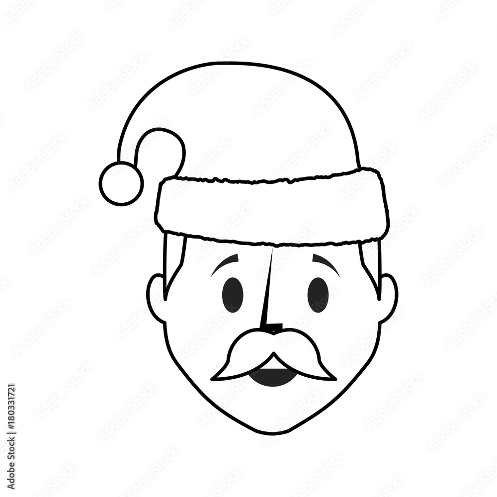 flat line uncolored man face with santa hat over white background vector illustration flat line uncolored man face with santa hat over white background vector illustration