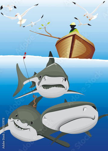 Un pêcheur entouré de requin