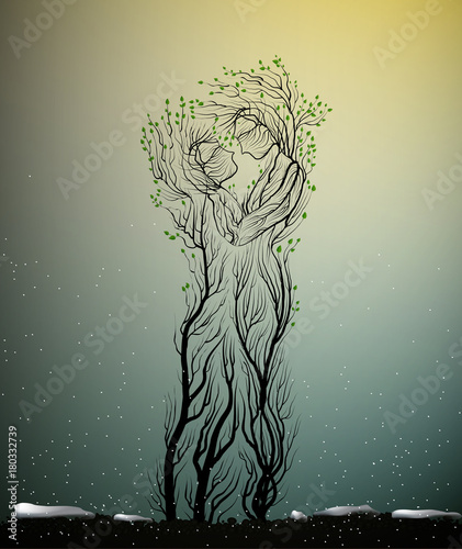 couple of people look like tree branches silhouettes, two profiles of lowers concept,tree hug each other,