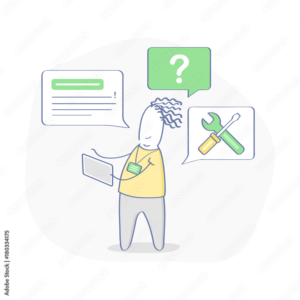 Cute cartoon technical support man operator. Cartoon character talking with  client via tablet. Flat outline isolated vector illustration. Stock Vector  | Adobe Stock