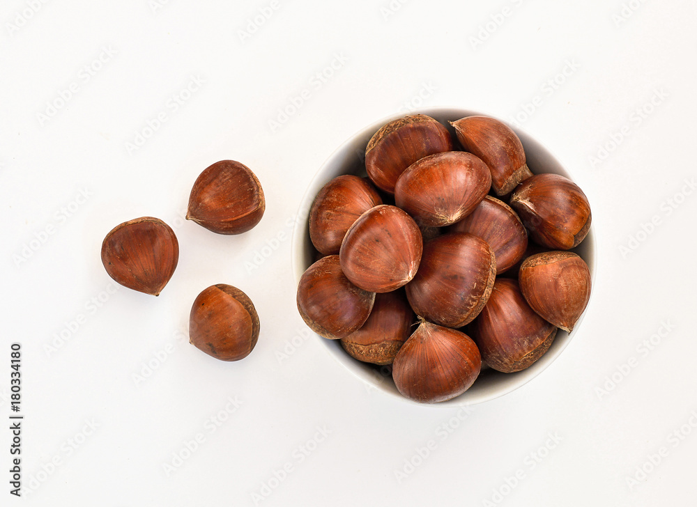 Chestnuts isolated on white background, top view Chestnuts isolated on white background, top view