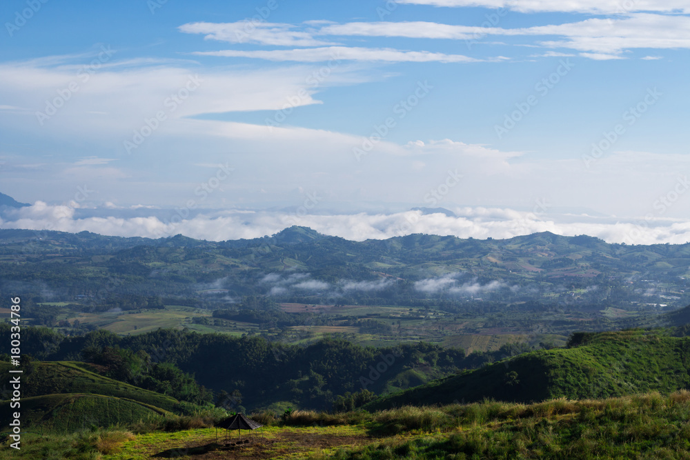 Landscape, clouds in the sky, thin mist and mountains with trees.
