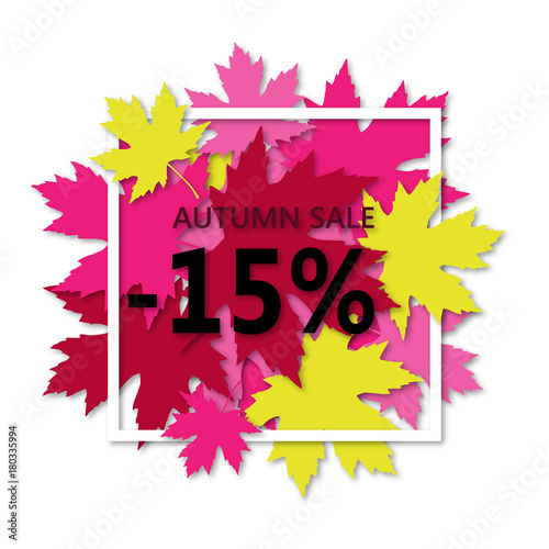 Autumn sale flyer template with lettering. Maple leaves in a white frame with shadow. Poster, card, label, banner design. 