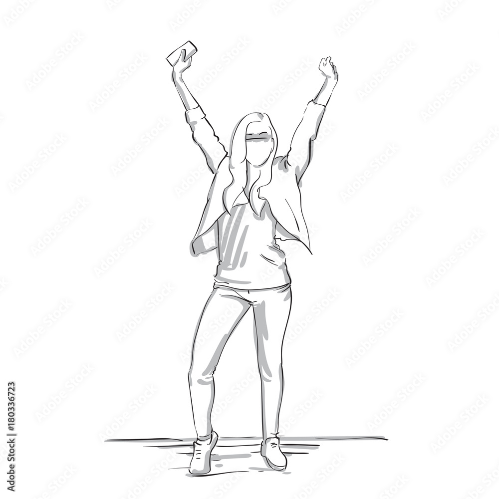 Happy Business Woman Sketch Holding Hands Up Businesswoman Success Concept Full Length On White Background Vector Illustration