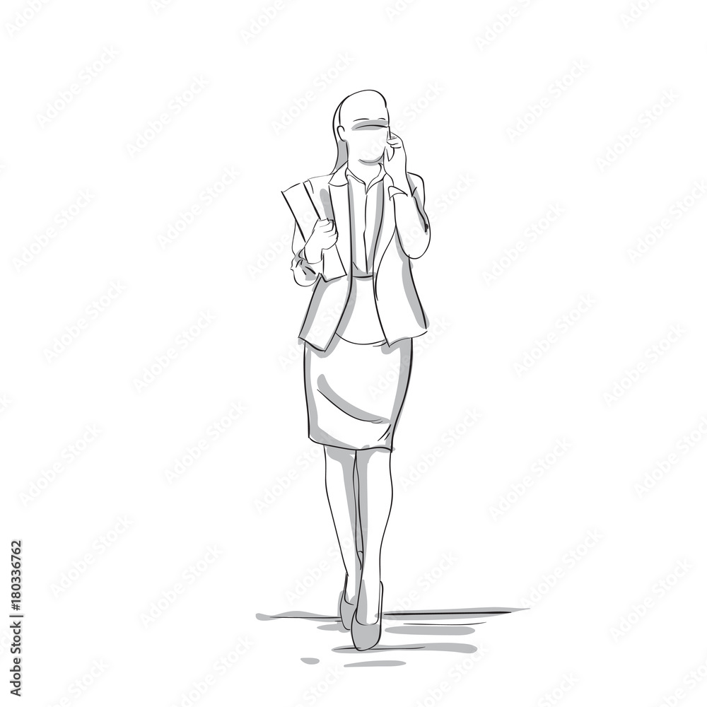 Sketch Silhouette Of Confident Business Woman Talking On Phone Conversation Businesswoman Full Length On White Background Vector Illustration Sketch Silhouette Of Confident Business Woman Talking On Phone Conversation Businesswoman Full Length On White Background Vector Illustration