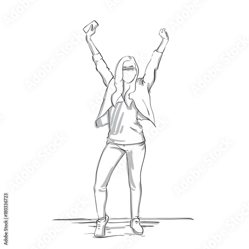 Fototapeta Naklejka Na Ścianę i Meble -  Happy Business Woman Sketch Holding Hands Up Businesswoman Success Concept Full Length On White Background Vector Illustration