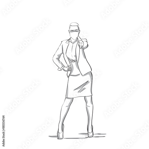 Sketch Silhouette Of Confedent Business Woman Talking On Phone Conversation Holding Arm On Hips Businesswoman Full Length On White Background Vector Illustration