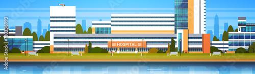 Hospital Building Exterior Modern Clinic View Horiozontal Banner Flat Vector Illustration photo