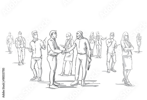 Two Business Men Handshake Silhouette Over Businesspeople Group Crowd, Businessmen Boss Shaking Hands Vector Illustration
