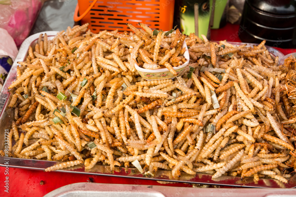 Little worm for snack , Disgusting food , In Thailand is called 