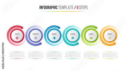 Six steps infographic process chart with circular arrows. 