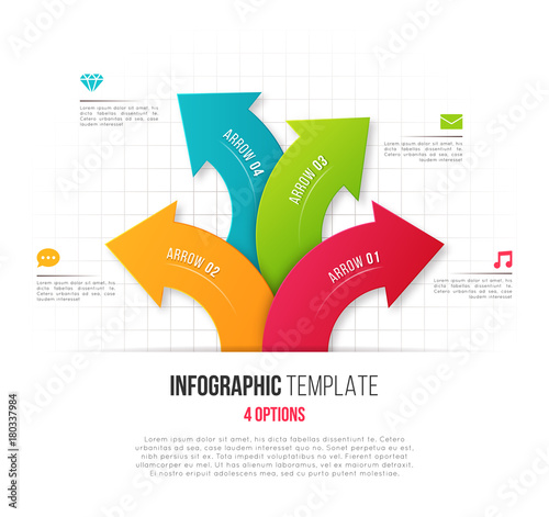 Infographics with 4 option branching circular arrows. Vector tem