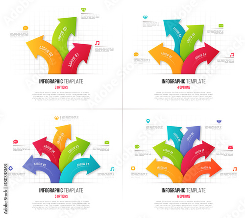 Set of 3-6 options infographics with branching circular arrows.