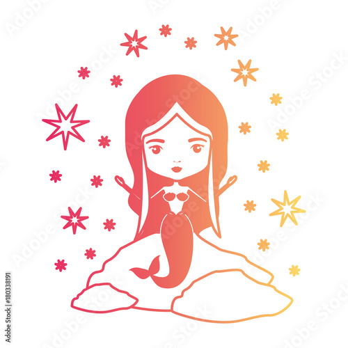 mermaid in a rock with stars in degraded magenta to yellow color contour