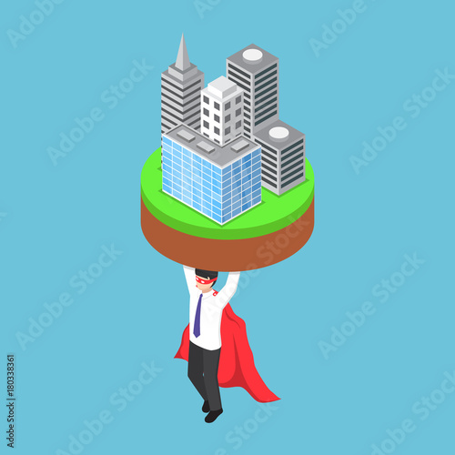 Isometric businessman carrying business building.