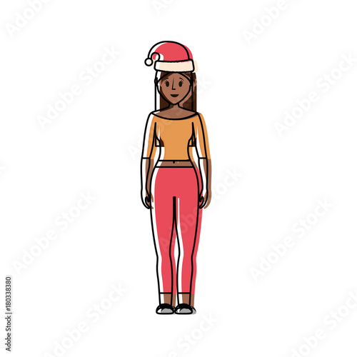 woman stading with christmas hat icon over white background vector illustration