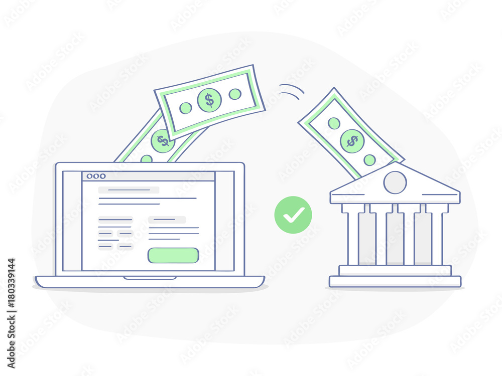 Online payment, banking or money transfer concept. After clicking the button on the site, money flies from the laptop directly to the bank. Flat outline vector element, premium quality illustration. Online payment, banking or money transfer concept. After clicking the button on the site, money flies from the laptop directly to the bank. Flat outline vector element, premium quality illustration.