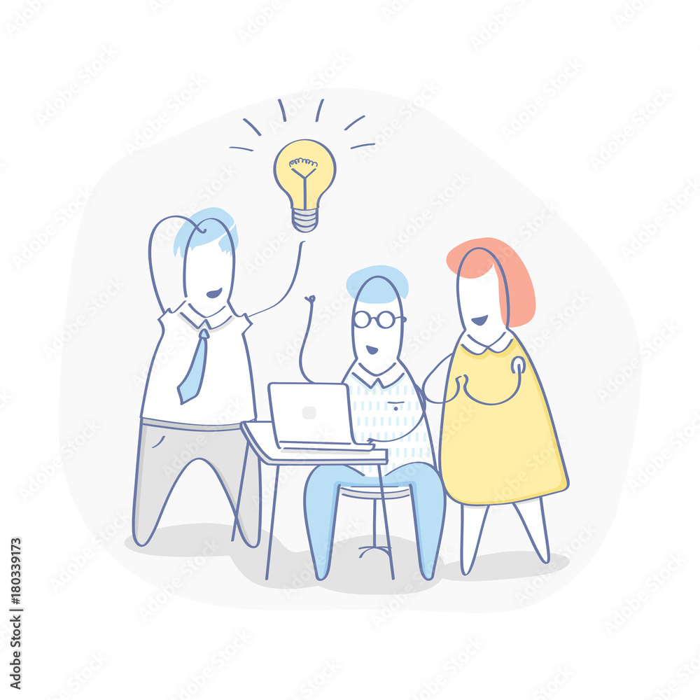 Teamwork, Idea Generation, Problem Solution. Team of three cute cartoon people are discussing a new idea. Isolated vector illustration team work concept in flat outline design style. Premium quality. Stock Vector | Teamwork, Idea Generation, Problem Solution. Team of three cute cartoon people are discussing a new idea. Isolated vector illustration team work concept in flat outline design style. Premium quality. Stock Vector |