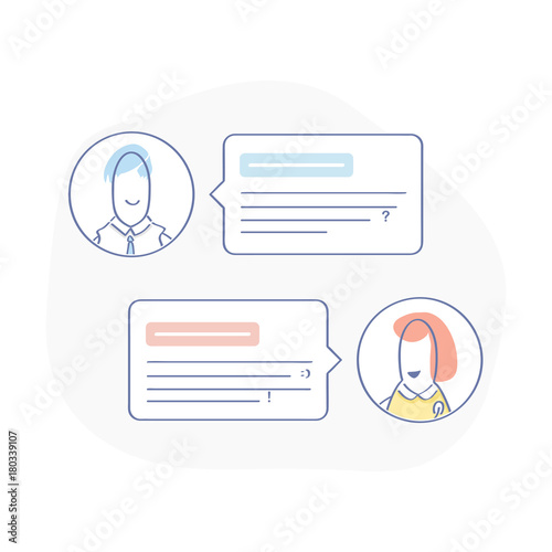 Chatting bubble speeches, illustration of dialog or phone messages. Social network, messenger, chatting, online talking and messaging concept. Flat outline vector design, premium quality trendy icon.