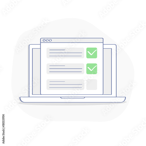 Checklist on laptop display, checkboxes with check mark. List of purchases, tasks, to do, wish list on the website concept. Flat outline vector design, premium quality trendy icon.