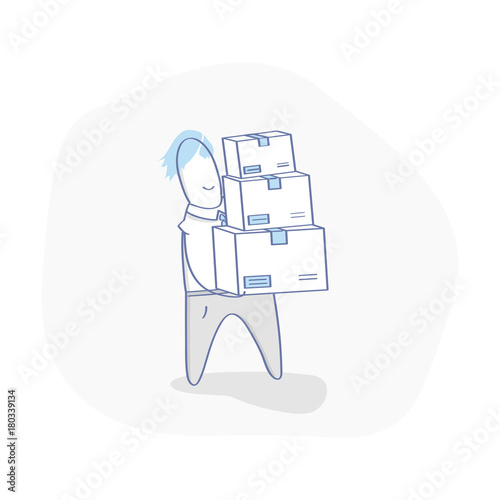 Cute cartoon delivery man, courier holding pile of cardboard boxes in front. Flat outline concept of delivery or sending of parcels, packages. Premium quality trendy icon.