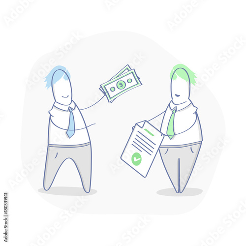 Make a deal, get money or investment for contract, agreement. Business people close the deal. Process of payment. Flat outline vector illustration, business template.