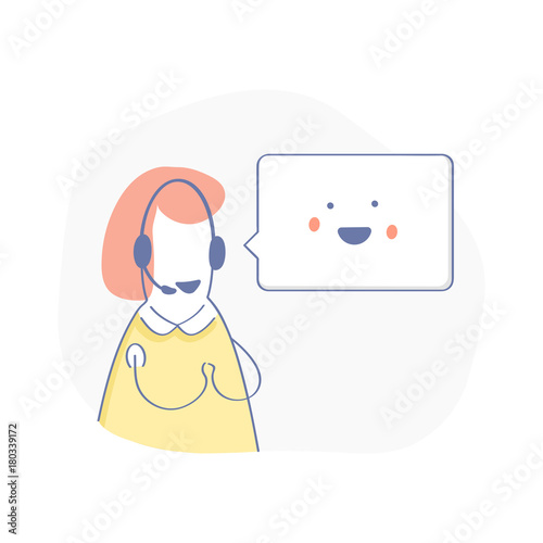 Technical support operator, online help, chat, faq, call center concept. Cute cartoon consultant with happy speech bubble. Flat outline illustration concept, isolated vector on white.