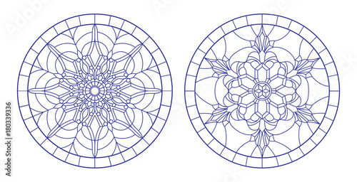 Set contour illustrations of stained glass with snowflakes in the framework ,round image